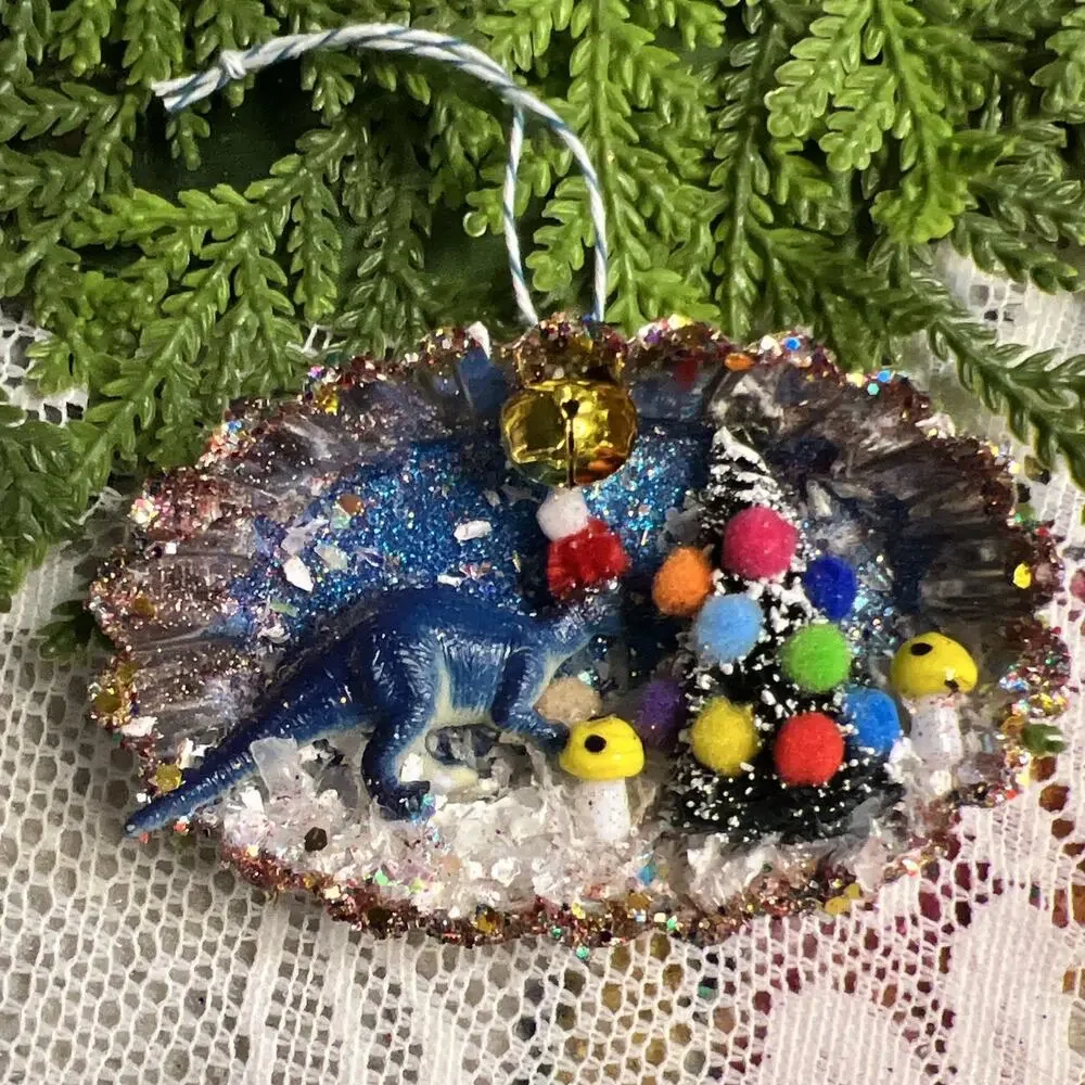 Vintage Oval Tart Tin Dinosaur Tree Diorama Mid Century Style Glitter Ornament